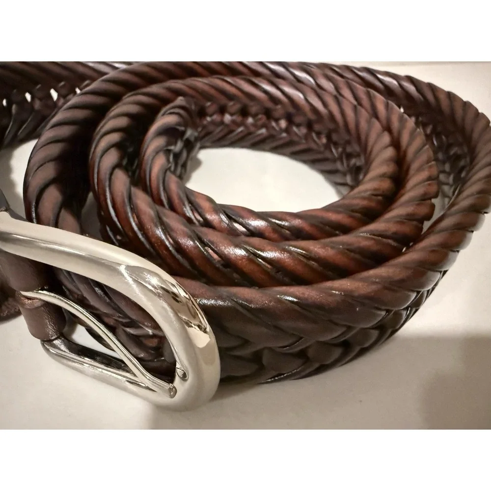 Mens Thick Braided Leather Belt 44 Brown Heavy Duty Woven Casual Silver Buckle